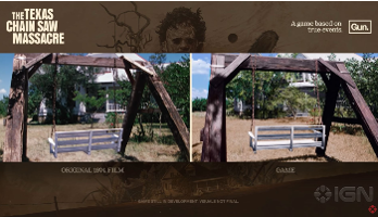 A still from an IGN exclusive trailer showing comparison images from the game and film of The Texas Chain Saw Massacre. The image shows a white swing bench in the deserted grounds of a wooden house.